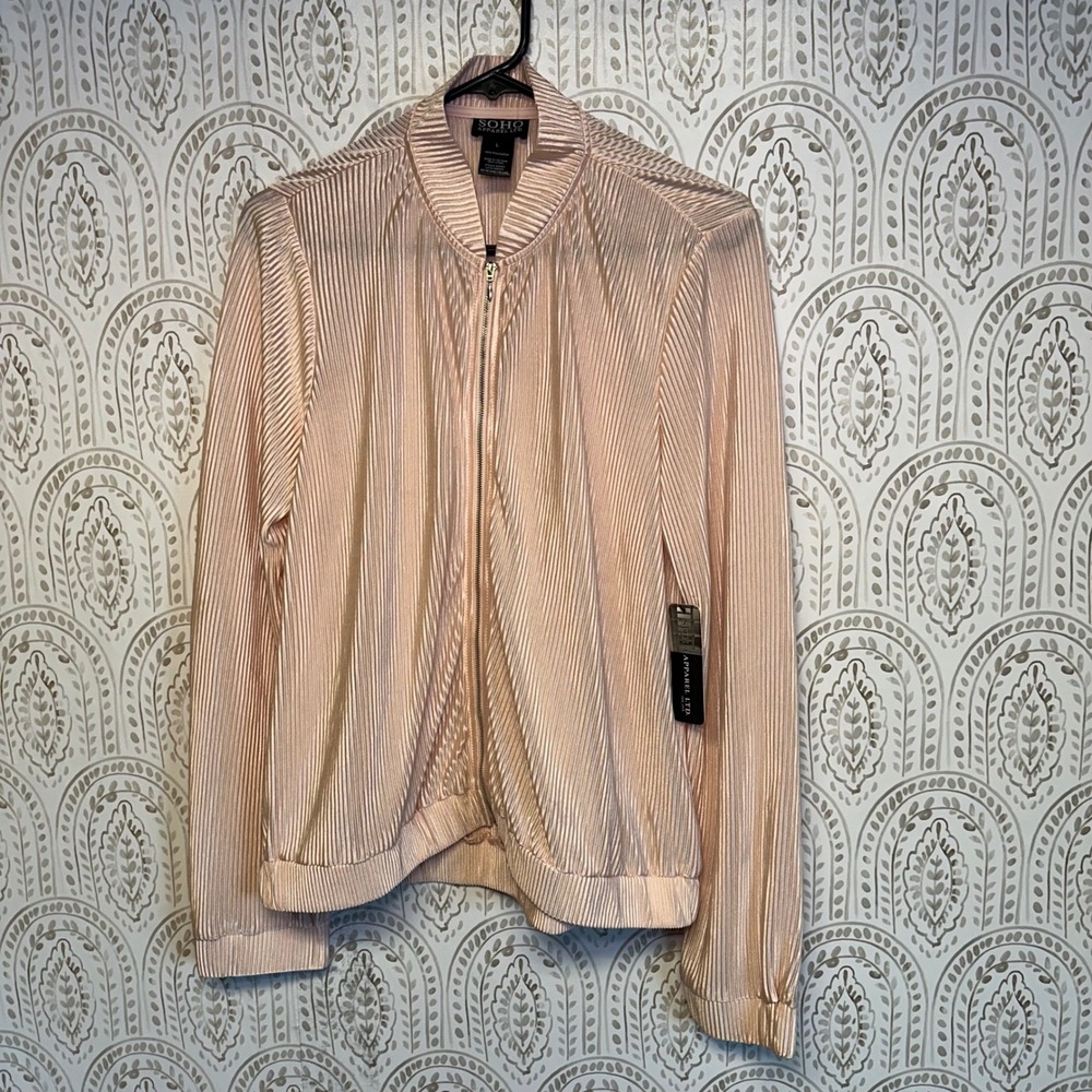 SOHO APPAREL LTD Womens Light Pink Pleated Zip Up‎ Bomber Jacket Size L NWT